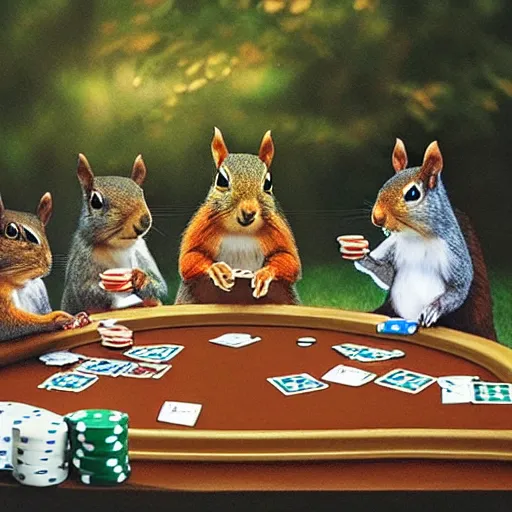 Prompt: a meeting of squirrels playing poker