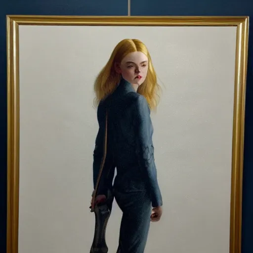 Prompt: ultra realistic medium shot portrait painting of elle fanning in prey, art by frank frazetta and edward hopper, 4 k, ultra realistic, highly detailed, epic lighting