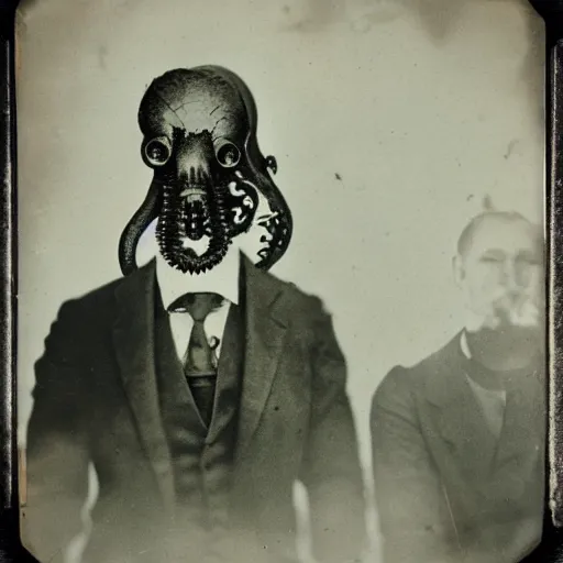 Prompt: tintype photographs of operators in isolated suits dissecting huge lovecraftian creatures