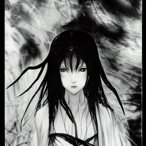 Prompt: yoshitaka amano blurred and dreamy of an anime girl with black eyes, wavy white hair and cracks on her face near eyes wearing elden ring armour with the cape fluttering in the wind, abstract black and white patterns on the background, noisy film grain effect, highly detailed, renaissance oil painting, weird portrait angle