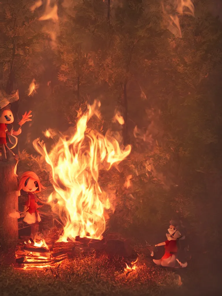 Image similar to cute fumo plush pyromaniac girl giddily starting a fire in the forest, campfire, flames, warm glow and volumetric smoke vortices, composition, vignette, vray