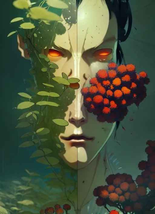 Image similar to illustrated by satoshi kon and greg rutkowski, a cyborg in some plants with flowers and berries for a face, 7 0's vintage sci - fi flat surreal design