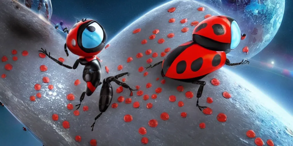 Image similar to a 3 d rendered movie still a ladybug descendant 1 million into the future. the ladybug is sentient, wears a spacesuit, and explores cosmos in a super awesome space ship. science fiction blockbuster movie ladybugs rule the world or my stepmom is a ladybug from the future, imax 7 0 mm. gaurdians of the galaxy.