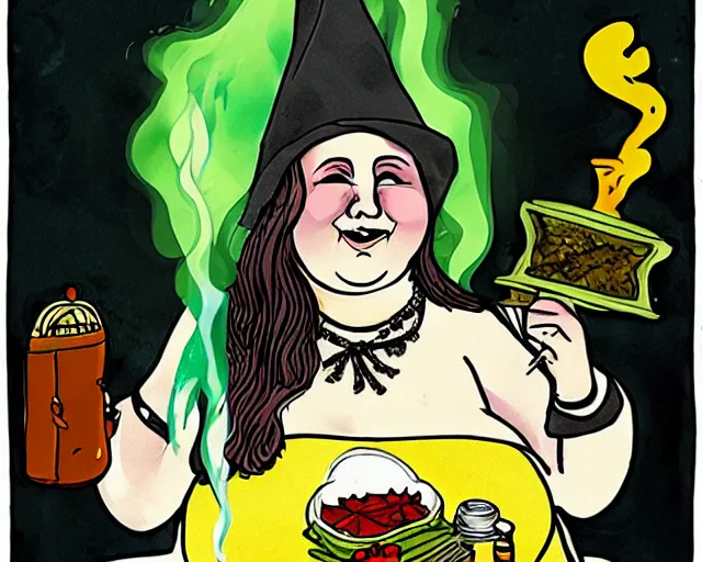 Image similar to fat witch smokin bong. the witch is smoking a bong. the witch smells really bad. the stinky witch needs a shower.