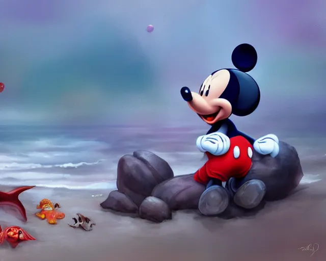 Image similar to Mickey mouse sitting next to terrifying sea creatures on a creepy beach, digital art, by Marta Dahlig, super detailed, artstation