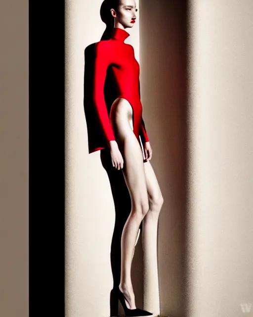 Prompt: full body portrait of very beautiful model, in an outfit made by balenciaga, photo by wlop, high fashion, androgyn beauty, intricate detail, elegance, sharp shapes, soft lighting, vibrant colors, masterpiece