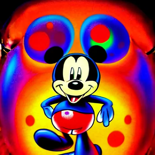 Image similar to an extremely psychedelic portrait of mickey mouse, surreal, lsd, face, detailed, intricate, elegant, lithe, highly detailed, digital painting, artstation, concept art, smooth, sharp focus, illustration