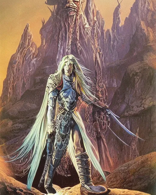 Prompt: “A portrait of Elric of Melniboné by Rodney Matthews and Roger Dean”