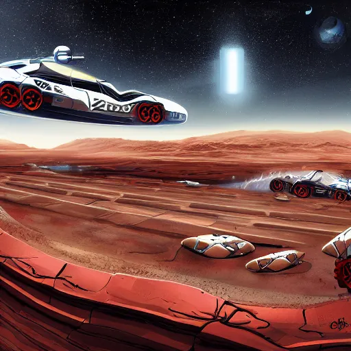 Image similar to mars gp 2 0 7 0. sci - fi, futuristic, landscape, racing track, illustration, drawing