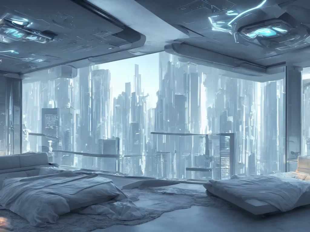 Prompt: a futuristic luxury white bedroom with ceiling high windows looking out to a far future cyberpunk cityscape with many flying cars, night time, neon lights, cinematic 3d render, unreal engine 5, cgsociety