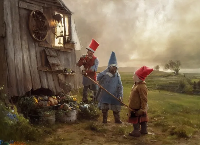 Image similar to oil painting, scandinavian gnome, dwarf, small with gray clothes, pointy top hat, in barn environment, hay and wooden tools, high detailed art by anders zorn, wonderful masterpiece by greg rutkowski, beautiful cinematic light, american romanticism by greg manchess, creation by tyler edlin