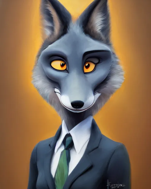 Image similar to oil painting of anthromorphic female wolf, in style of zootopia, female fursona, furry, furaffinity, 4 k, deviantart, furry art, fursona art, wearing black business suit, business suit, wolf fursona, female, very expressive detailed feminine face,