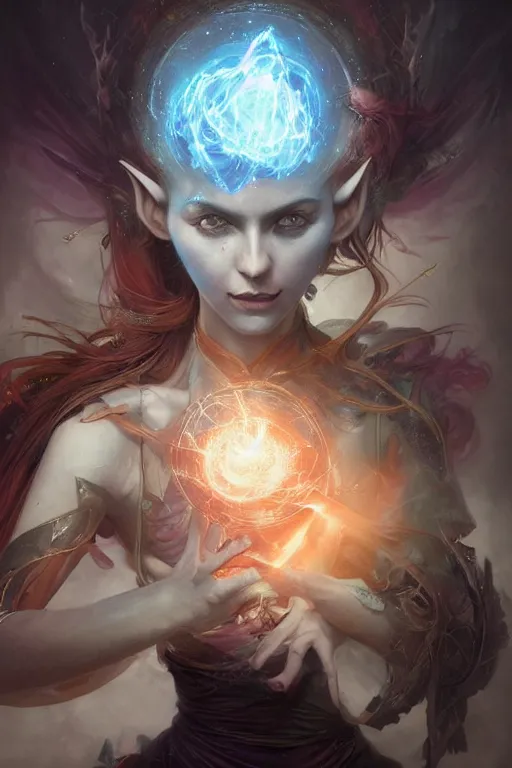 Image similar to portrait of a beautiful elf casting magic spell throwing magic crystal ball, angel, fantasy, dramatic lighting, highly detailed, digital painting, holding electricity, magic the gathering, hyper detailed, 3 d render, hyper realistic detailed portrait, peter mohrbacher, wlop, ruan jia