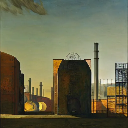 Image similar to steel factory yard giorgio de chirico graham sutherland greg rutkowski odd nerdrum simon stalenhag