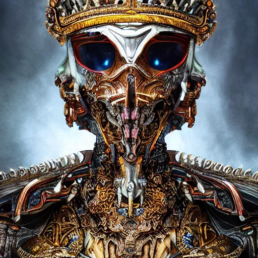 Image similar to portrait art of 8k ultra realistic Emperor of Light, ornate intricate crown , detailed intricate ornate armour,decaying, cybernetic, full of colour, cinematic lighting, battered, trending on artstation, 4k, hyperrealistic, focused, extreme details,unreal engine 5, cinematic, masterpiece, art by ayami kojima, giger