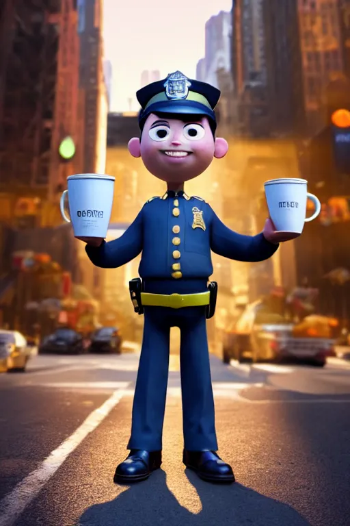 Prompt: an epic fantasy full body 3D Render of a happy police man holding a cup of coffee on New York city, character design by Mark Ryden and Pixar and Hayao Miyazaki, unreal 5, DAZ, hyperrealistic, octane render, dynamic lighting, intricate detail, summer vibrancy, cinematic