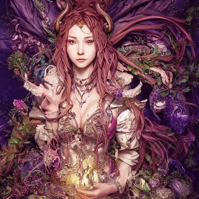 Image similar to the portrait of chaotic good female druid alchemist as absurdly beautiful, gorgeous, elegant, young gravure idol, an ultrafine hyperdetailed illustration by kim jung gi, irakli nadar, intricate linework, sharp focus, bright colors, octopath traveler, final fantasy, unreal engine 5 highly rendered, global illumination, radiant light, detailed and intricate environment