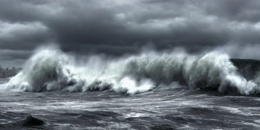 Image similar to tsunami over San Diego, Dramatic, realistic, perspective,