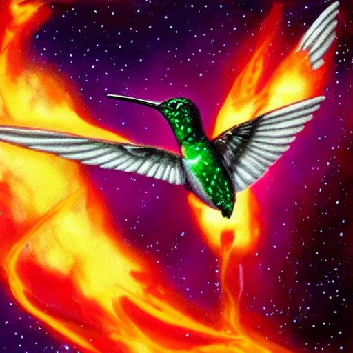 Prompt: hummingbird on fire in space