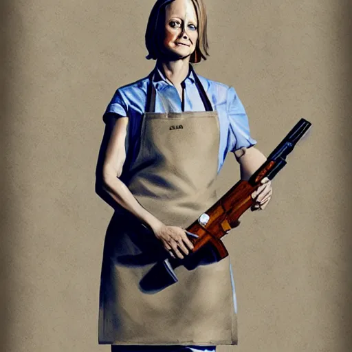 Image similar to portrait of jodie foster dressed an apron dress, carrying a shotgun, apocalypse, sharp focus, illustration, highly detailed, digital painting, concept art, art by wlop and greg cinematic lighting