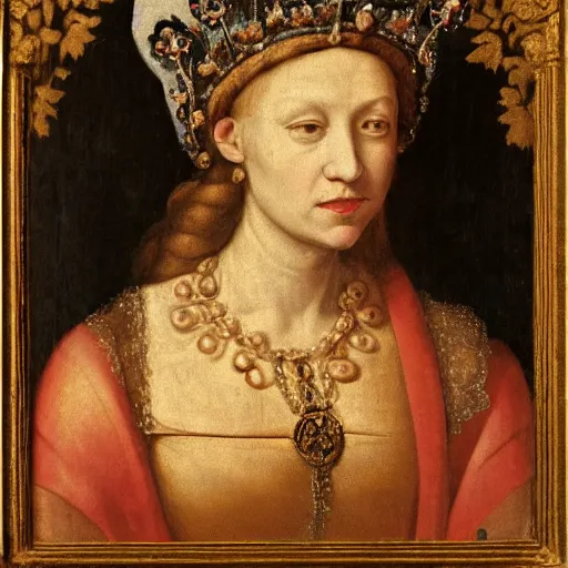 Image similar to renaissance style portrait of tylodina perversa wearing a crown and a cape, dark background