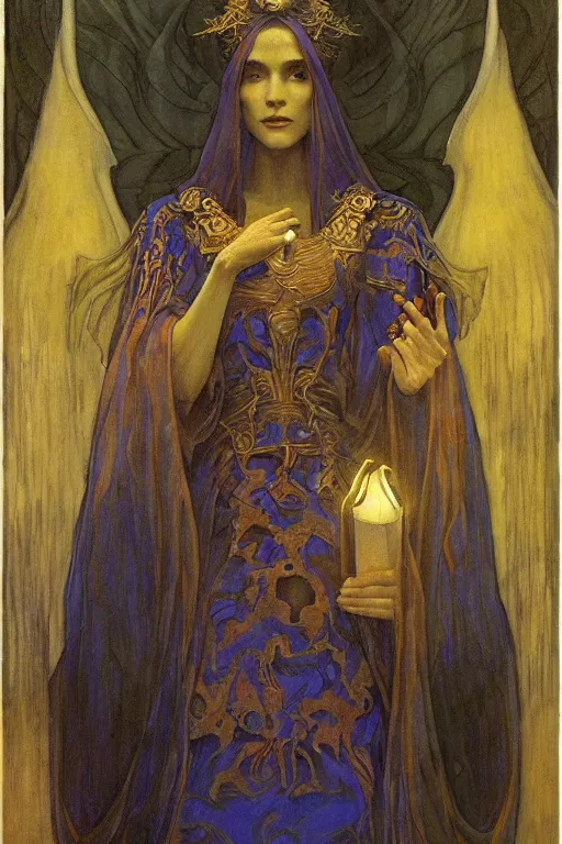 Image similar to queen of the underworld with her lantern, by Annie Swynnerton and Nicholas Roerich and jean delville, dramatic cinematic lighting , ornate headdress , flowing robes, sacred artifacts, lost civilizations, smooth, sharp focus, extremely detailed