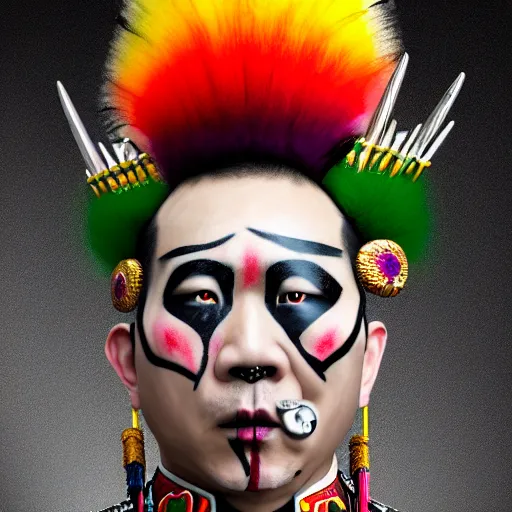 Image similar to photorealistic portrait photograph of a crazy army general with painted face as in chinese peking opera and rastafarian color hair with spikes and rings in pierced face ears and nose like punks