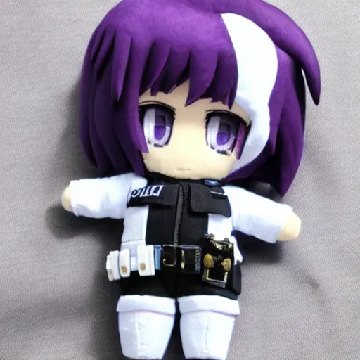 Prompt: cute motoko kusanagi plushie, dressed as police officer