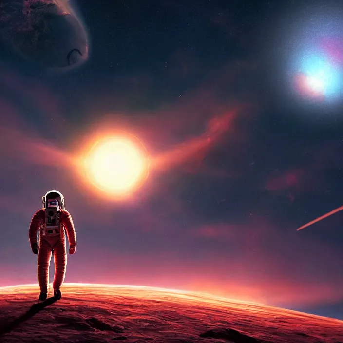 Image similar to a astronaut walking on a alien planet with a red giant galaxy appearing in the sky, digital art, concept art, trending on DeviantArt, highly detailed, high quality, 8K HDR, cinematic lighting, breathtaking image