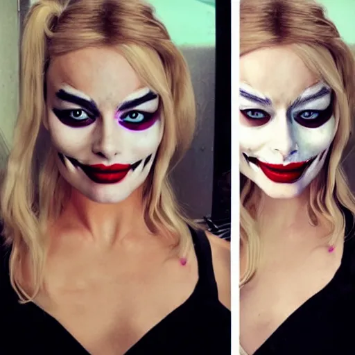 Prompt: beautiful margot robbie with harley quinn makeup, highly detailed, realistic face, amazing digital art