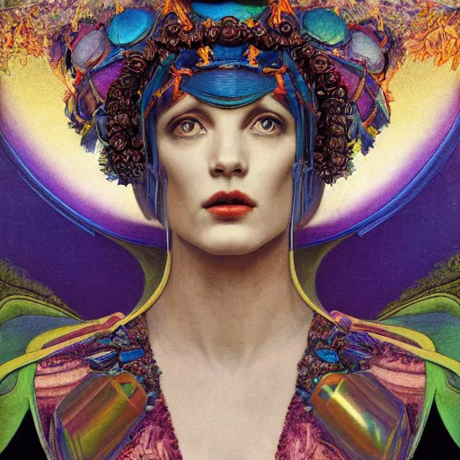 Image similar to goddess of the future city, by Annie Swynnerton and Diego Rivera and Tino Rodriguez and Maxfield Parrish, elaborate headdress and embroidered velvet, iridescent beetles, rich color, dramatic cinematic lighting, extremely detailed