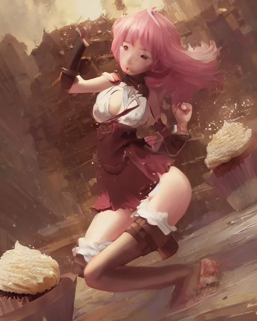 Image similar to a girl as personification of chocolate cupcake, fantasy bakery, digital art by krenz cushart, laurie greasly, intricate details, sharp focus, smooth, epic composition, joyful, unreal engine