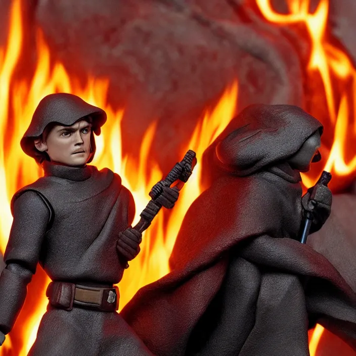 Image similar to a detailed figure of anakin skywalker burning in the lava in mustafar, first 4 figures, detailed product photo