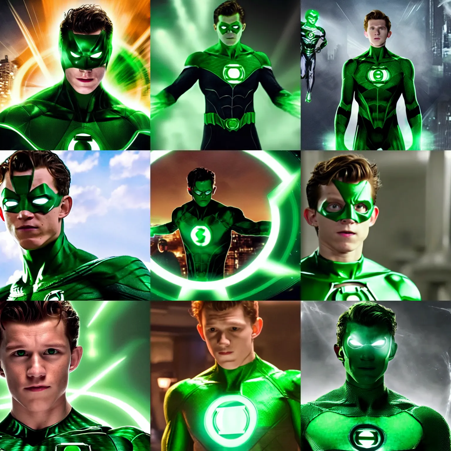 Prompt: tom holland as green lantern, dc, high quality, movie clip, 8 k, realistic