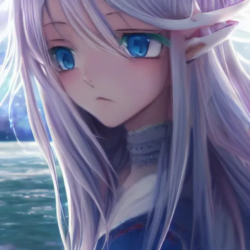 Prompt: a very beautiful anime elf girl, full body, long silver hair with a flower, sky blue eyes, full round face, short smile, casual clothes, ice snowy lake setting, cinematic lightning, medium shot, mid-shot, highly detailed, trending on Artstation, Unreal Engine 4k, cinematic wallpaper by Stanley Artgerm Lau, WLOP, Rossdraws, James Jean, Andrei Riabovitchev, Marc Simonetti, and Sakimichan