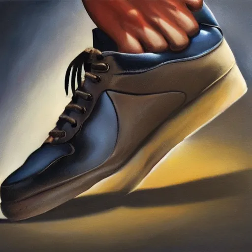 Image similar to ultra realistic painting of sneakers, art by frank frazetta, 4 k, ultra realistic, highly detailed, epic lighting