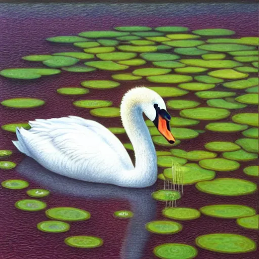 Image similar to colored pencil art on paper, swan seimming in a pond, by casey weldon, highly detailed, artstation, masterpiece, award - winning, caran d'ache luminance