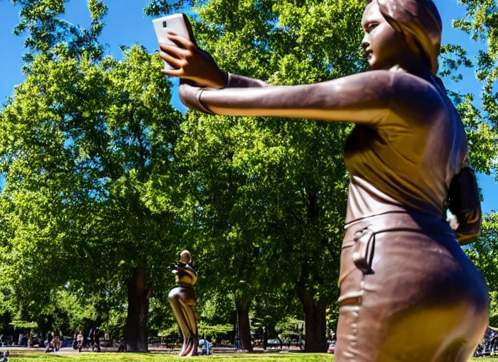 Image similar to photo still of a bronze statue of a woman using an iphone to take a selfie in a park on a bright sunny day, 8 k 8 5 mm f 1 6