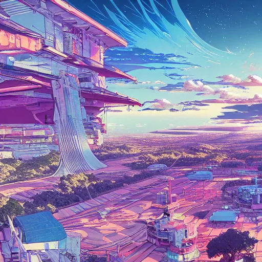 Prompt: Panorama view of an anime scenery by Beeple and naomi okubo and dan mumford and zaha hadid