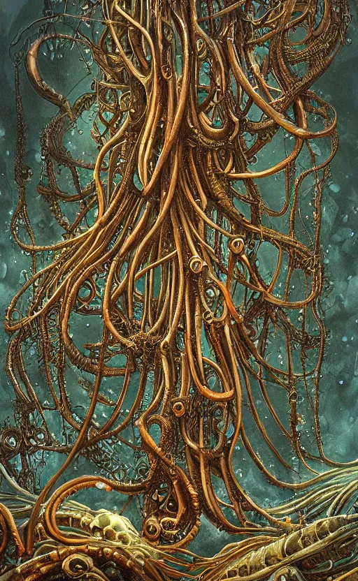 Image similar to beautiful painting of bone-masked rusty siphonophores around a balinese submerged architecture in the style of Welder Wings and H. R. Giger. Dark background, detailed, trending on Artstation