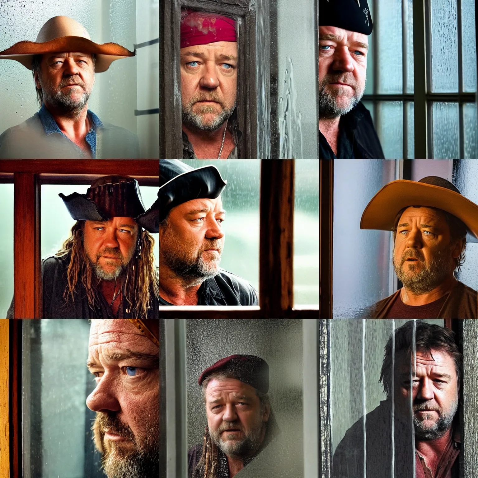 Prompt: obscured by small window, concerned russell crowe wearing a big pirate hat standing behind a rainy dirty window and wooden wall peering out towards the camera