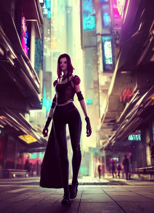 Image similar to photo of a beautiful woman walking through a cyberpunk city, full body, hyper realistic, 8 k, dslr, unreal engine, highly detailed, science fiction portrait by laura sava