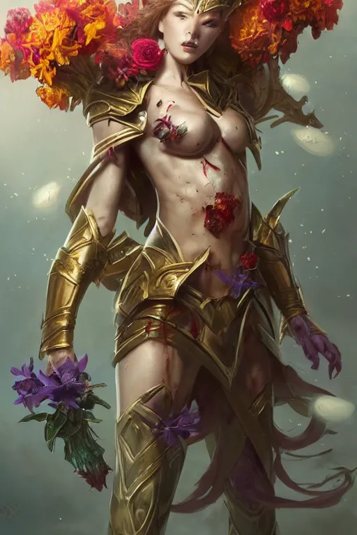 Prompt: beautiful girl titania from marvel comics covered with glass exploding into blood, practical armor, heroes of the storm, 3 d render, hyper realistic detailed portrait, holding magic flowers, ruan jia, wlop. scifi, fantasy, hyper detailed, octane render, concept art, peter mohrbacher