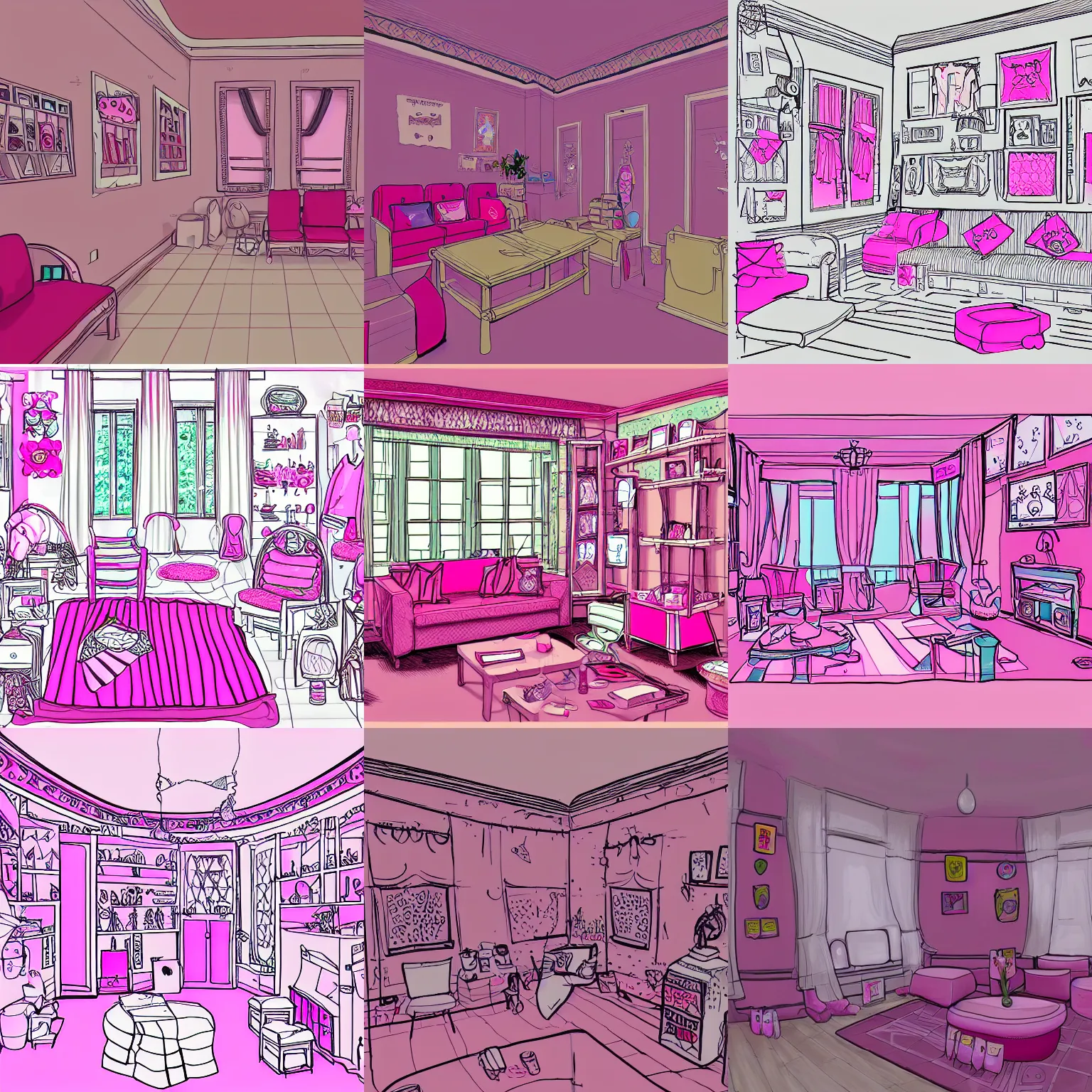 Prompt: interior of girl's adormitory decorated with pink items, fine outlined, drawn by greatest artist on artstation.