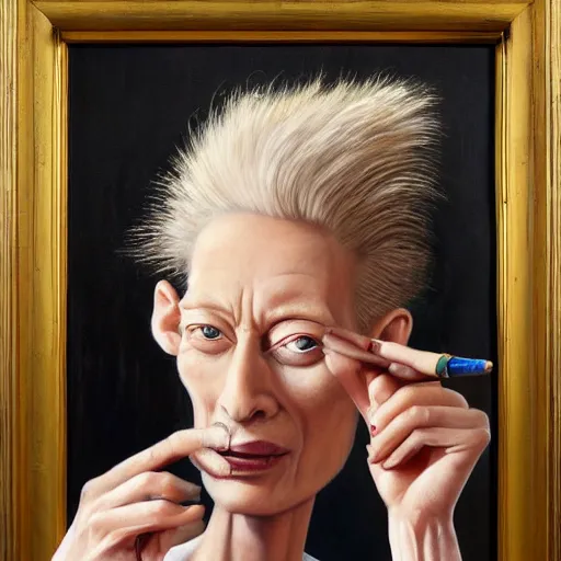 Prompt: caricature of tilda swinton smoking a cigar, realistic oil painting by david levine, trending on art station, 4K