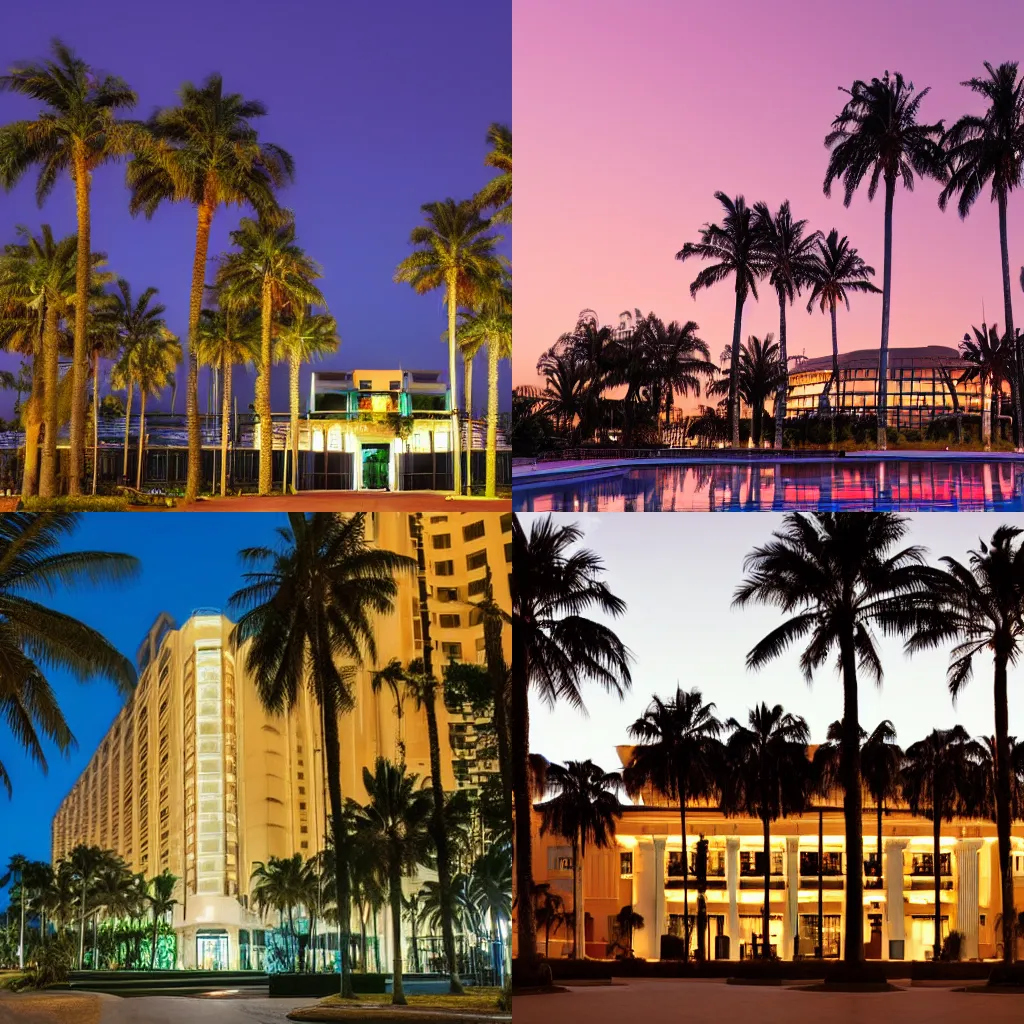 Prompt: A photo of a large, very bright building surrounded by palm trees at night