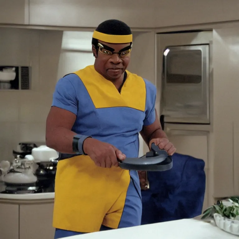 Prompt: geordi laforge wearing visor and a colander and random kitchen tools on his head