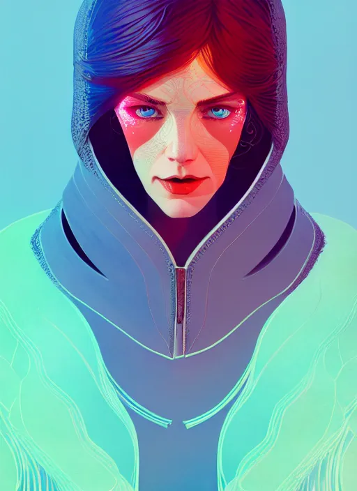 Prompt: portrait of beautiful nordic woman wearing leather jacket, blue eyes, artstation winner by victo ngai, kilian eng and by jake parker, by conrad roset, swirly vibrant color lines, winning award masterpiece, fantastically gaudy, aesthetic octane render, 8 k hd resolution