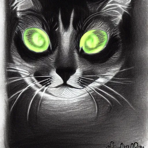 Image similar to drawing of an evil cat with glowing eyes