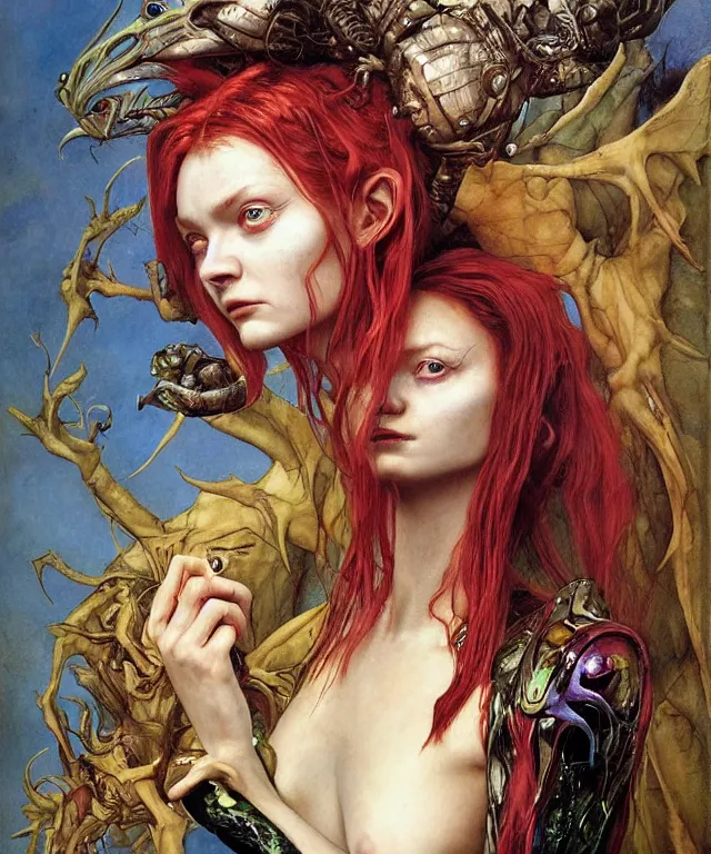 Prompt: a portrait photograph of a harpy x - men with slimy skin being transformed into a beautiful alien. she looks like sadie sink and is wearing a colorful infected sleek organic catsuit. by donato giancola, hans holbein, walton ford, gaston bussiere, peter mohrbacher and brian froud. 8 k, cgsociety, fashion editorial